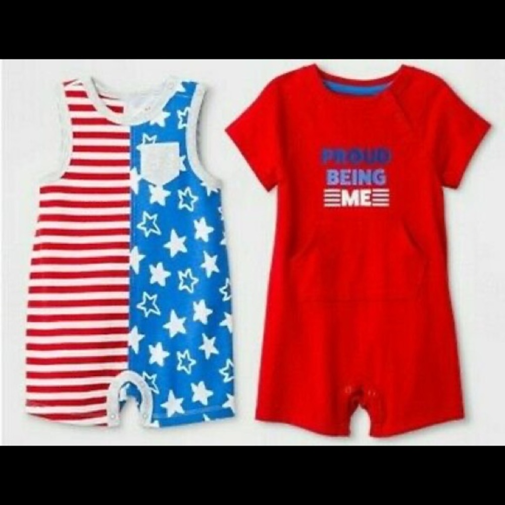 Cat & Jack Baby Boy "Stars & Stripes" & "Proud Being Me" Rompers Set. NWT. 0-3M